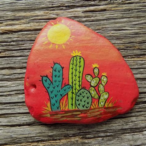 Prickly Cactus Painted Rockdecorative Accent Stone Paperweight By