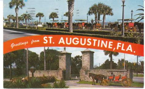 Vintage Postcard Greetings From St Augustine Florida Carriages Old Gate