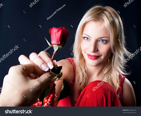 Giving Rosebeautiful Woman Holding Red Rose Stock Photo 52669141