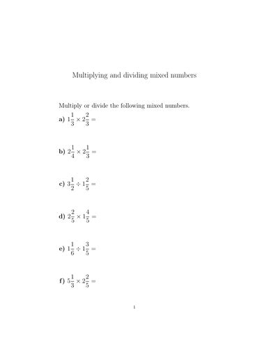 Multiplying And Dividing Mixed Numbers Worksheet Tes