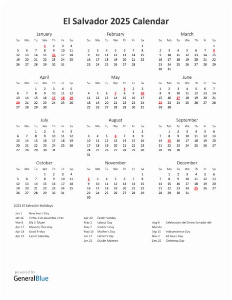 2025 El Salvador Calendar With Holidays