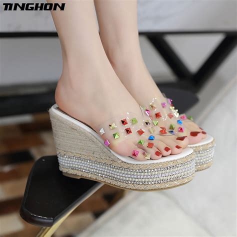 tinghon summer wedge slippers platform high heels women rhinestone outside shoes color rivets