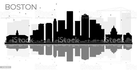 Boston City Skyline Black And White Silhouette With Reflections Stock