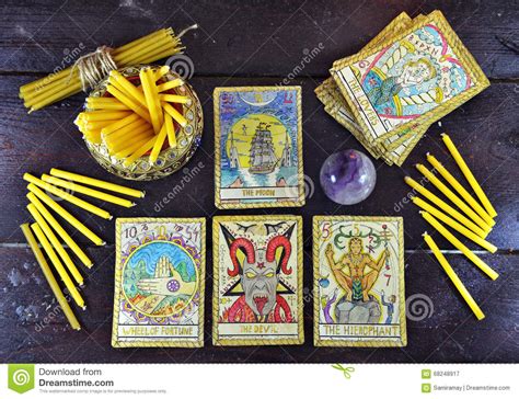 Old Tarot Cards Magic Crystal And Candles Stock Image