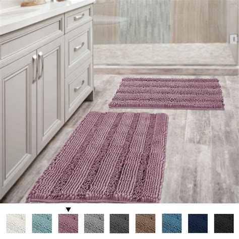 Mauve Bathroom Rugs Ultra Thick And Soft Texture Chenille Plush Striped