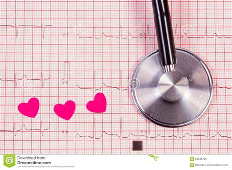 Hearts Of Paper And Stethoscope On Electrocardiogram Graph Medicine