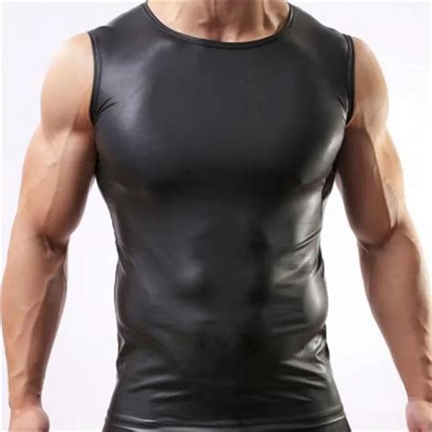 2016 Black Color Men Sexy Vest Faux Leather Solid Male Tank Tops Underwear Slim Wear Size M L Xl