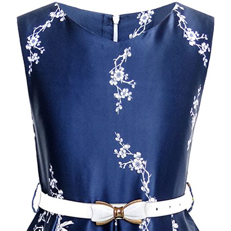 Girls Dress Navy Blue Flower Belt Vintage Party Sunny Fashion