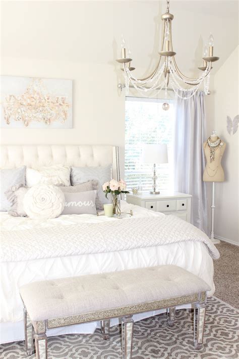 It exudes feminine vibe with floral swags in a pretty vintage light blue tinted white finish. Updated Vanity & Bedroom Tour | Shabby chic decor bedroom ...