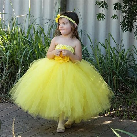New Girls Yellow Flowers Long Tutu Dresses Kids Fluffy Crochet Tulle