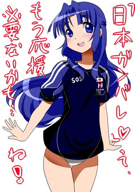 Safebooru Blue Eyes Blue Hair Blush Bottomless Jersey Long Hair Smile