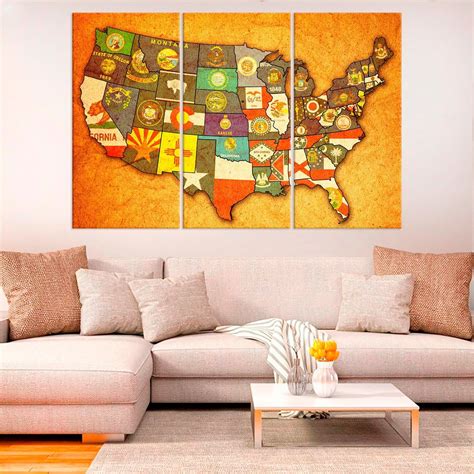 Usa Map Canvas Print Political Map 3 Panels Wall Art Home Decor Arizona