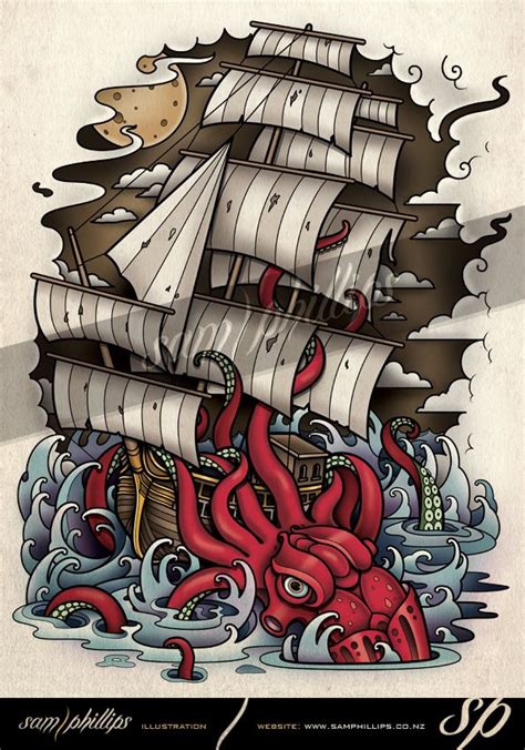 Kraken Vs Ship Tattoo By Sam Phillips Nz On Deviantart Ship Tattoo