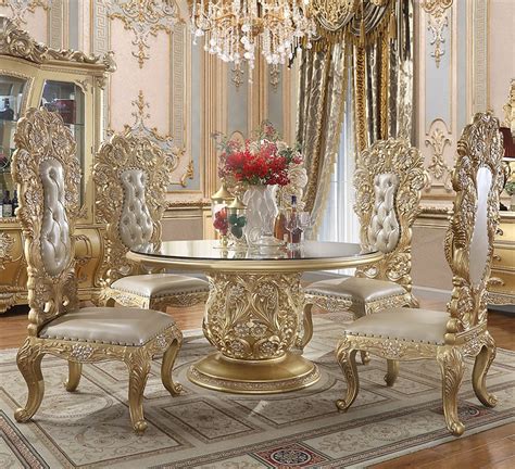 Versailles 5 Piece Round Table Dining Room Set in Metallic Antique Gold