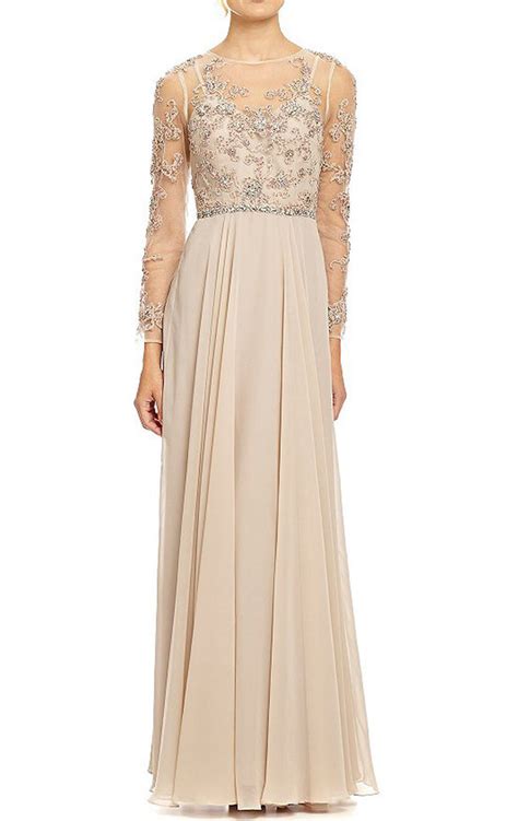 Macloth Long Sleeves Lace Chiffon Evening Gown Champagne Mother Of The