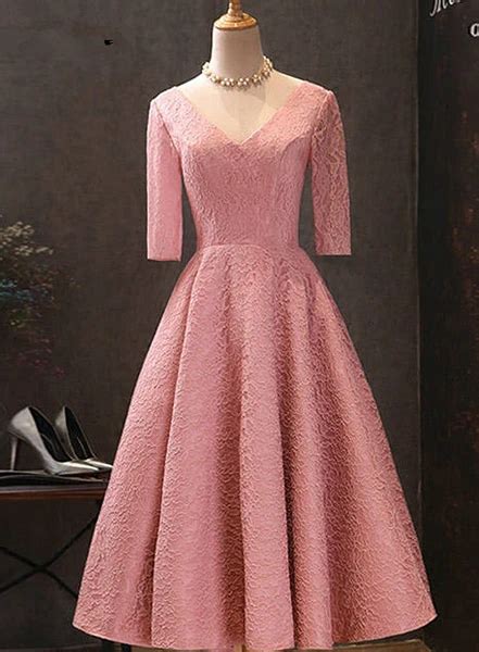 Pink V Neckline Lace Short Sleeves Tea Length Wedding Party Dress Sho
