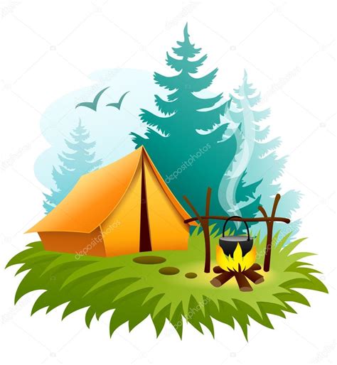 Camping En El Bosque Con Carpa Y Fogata Vector De Stock LoopAll