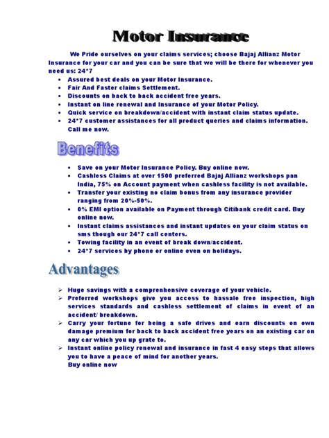Motor comprehensive insurance covers your car against liabilities to other parties for death or bodily injuries, damages to other parties' properties, accidental or fire damages to your car and theft of your car. Bajaj Allianz(Motor Insurance) | Vehicle Insurance | Insurance