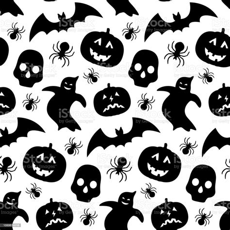 Black And White Seamless Pattern With Pumpkin Bat Ghost And Skull