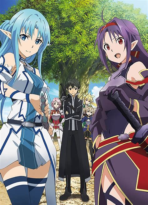 Anime Characters Standing In Front Of Trees With Swords On Their Hands