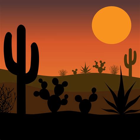 Desert Cactus Silhouette With Sunset 1259246 Vector Art At Vecteezy