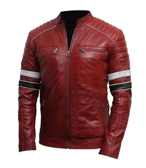 Men S Red Striped Padded Shoulder Café Racer Leather Jacket