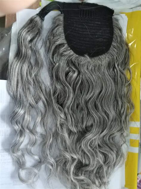 Silver Grey Wavy Pony Tail Hairpiece Wrap Around Natural Highlights Dye