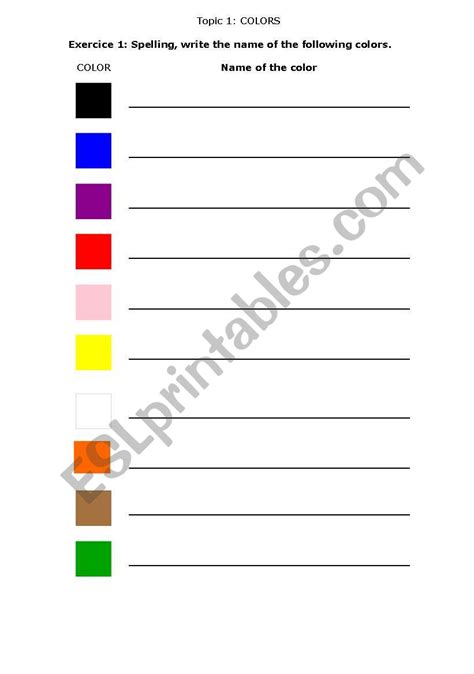 English Worksheets Spelling Colors