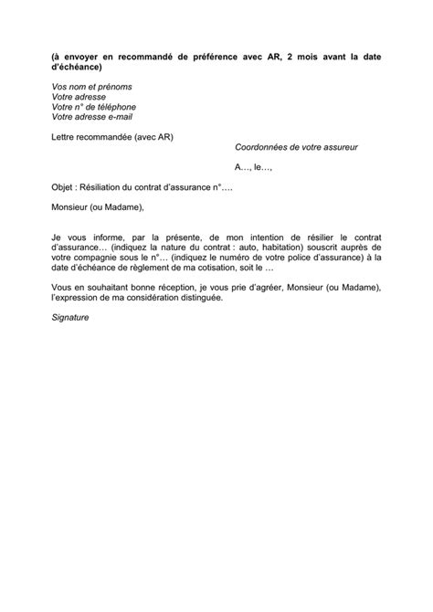 lettre de rÃsiliation du contrat dassurance doc pdf page sur 44225