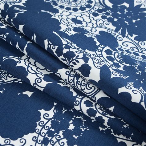 Navy And Ivory Floral And Paisley Printed Stretch Cotton Sateen