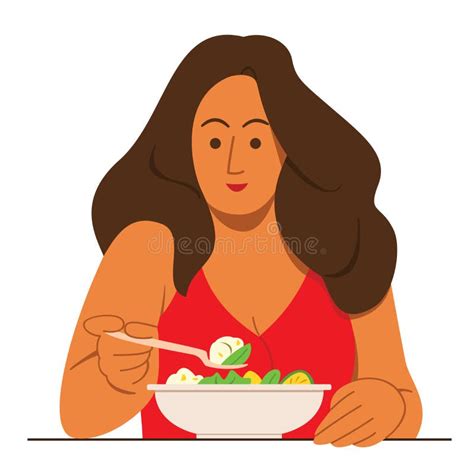 The Chubby Woman Enjoy Eat Salad For Good Health Stock Vector