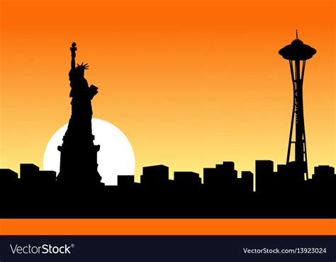 At Sunset Seattle Space Needle Tower Silhouettes Vector Image