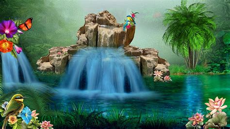 1920x1080px 1080p Free Download Rocky Waterfall Birds Flowers