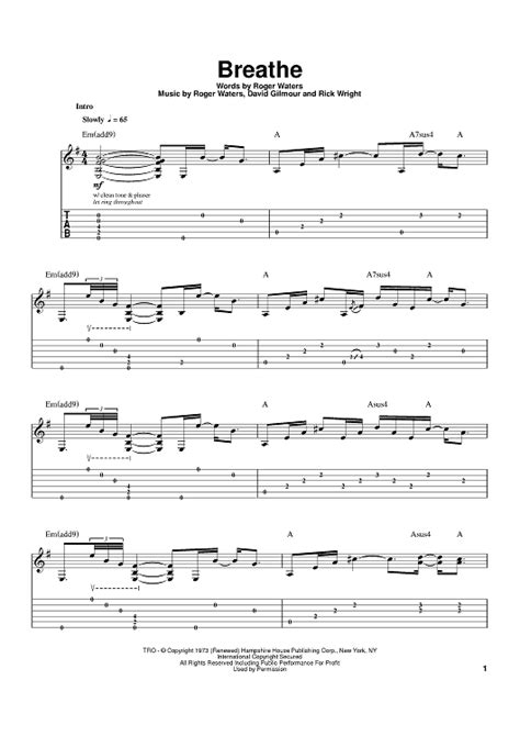 Breathe Sheet Music By Pink Floyd For Guitar Tab Sheet Music Now
