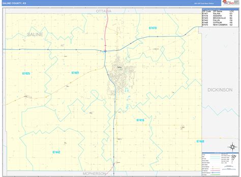 Saline County, KS Zip Code Wall Map Basic Style by MarketMAPS
