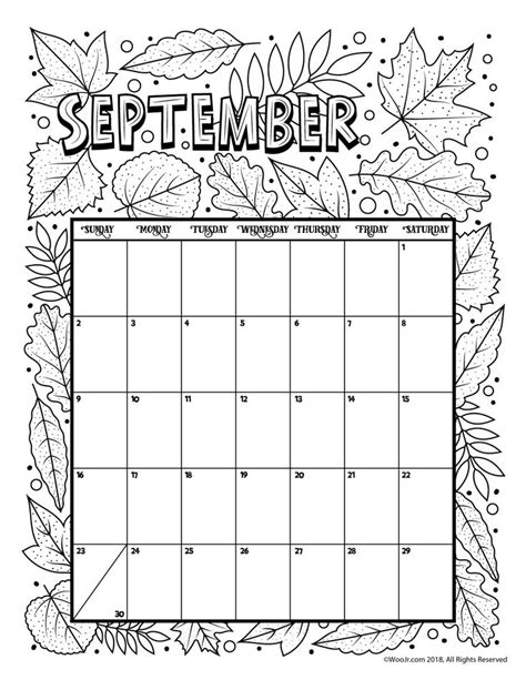 September 2018 Coloring Calendar Page Woo Jr Kids Activities