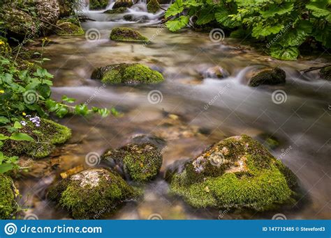 Close Up Of A Small Creek Cascades Down Through Moss Covered Rocks In A