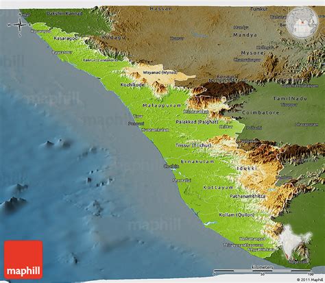 Everything about tourism attractions in india! Physical Panoramic Map of Kerala, darken