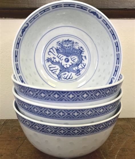 4 Jingdezhen China Rice Grain Blue And White Dragon Porcelain 45 Bowls Or Cups Ebay Bowl