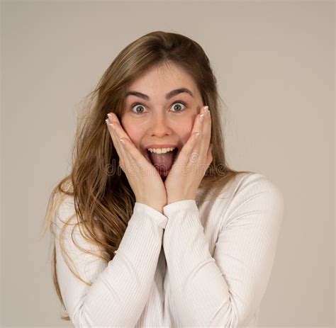 Happy Young Attractive Woman Shocked Surprised Funny Face Human Expressions Emotions Stock