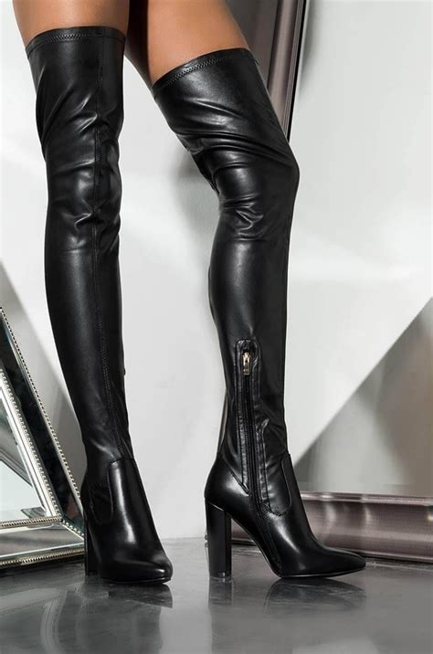 AZALEA WANG Faux Leather Thigh High Chunky Heel Boot In Black In Chunky Heels Boots High