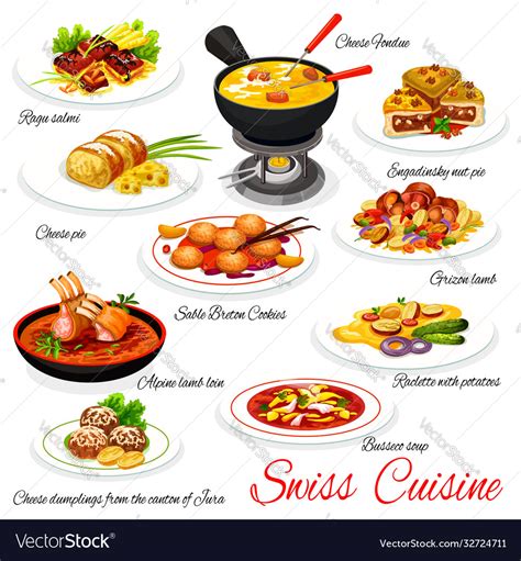 Swiss Cuisine Food Dishes Traditional Meals Menu Vector Image