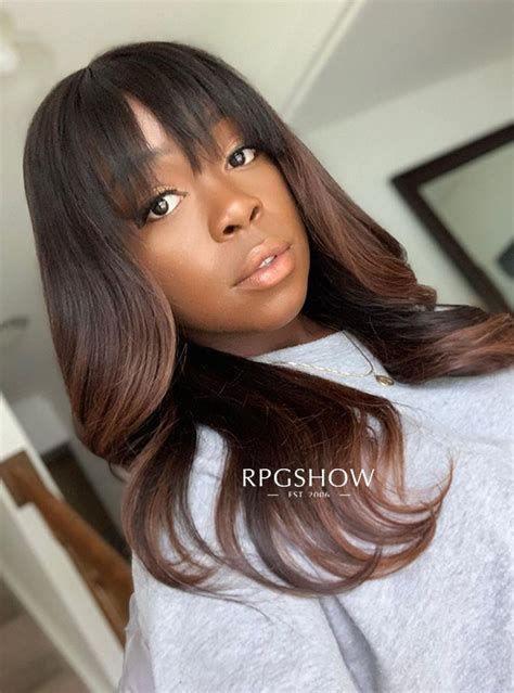 Long Wavy With Wispy Bangs Reddish Brown Ombre Lace Front Wigs Ashley008