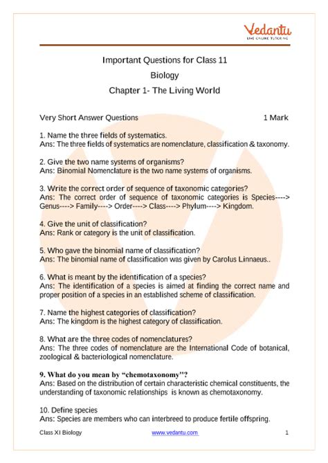 Important Questions For CBSE Class 11 Biology Chapter 1 The Living World