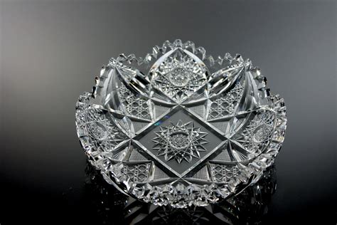 Antique American Brillant Bowl Leaded Crystal Cut Glass Hobstar Diamond Sawtooth Edge