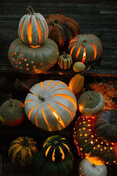 Carved Pumpkins Glowing In Night By Duet Postscriptum
