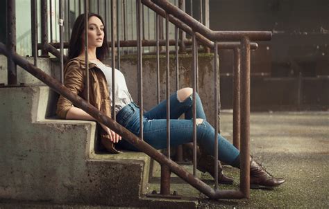 Wallpaper Girl Jeans Brunette Jacket Ladder Railings Girl Legs