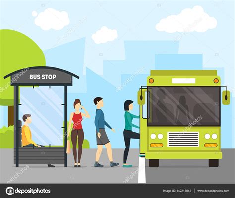 How to draw a dog. Cartoon Bus Stop with Transport and People. Vector — Stock ...