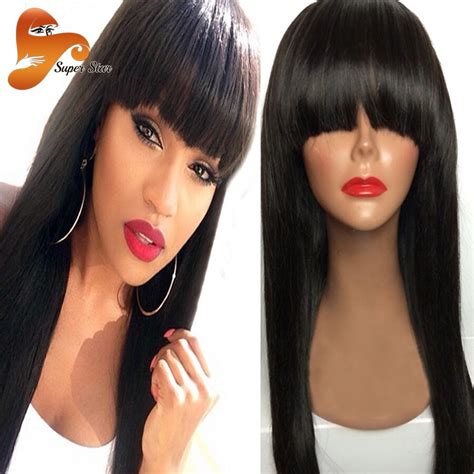 7a Full Lace Human Hair Wigs For Black Women With Bangs Straight Lace