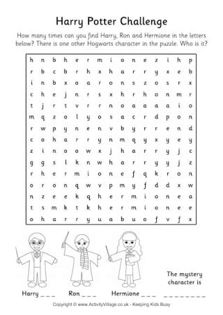 harry potter spells word search